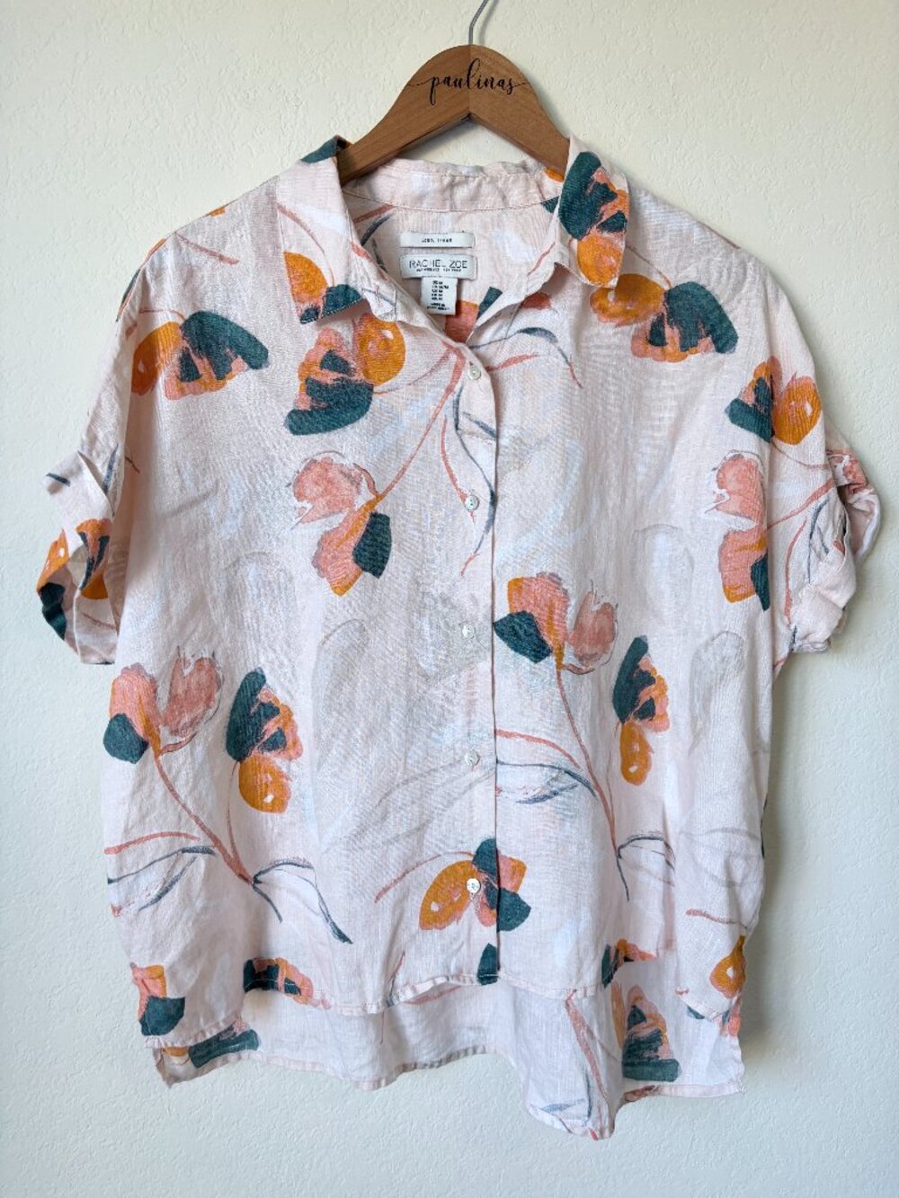 Rachel Zoe Top Womens Medium Peach Pink Linen Floral Print Button Front Blouse M